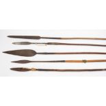 A group of five various iron leaf bladed spears,