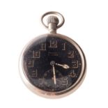 A British Military open faced pocket watch, by Rolex, the black dial with Arabic numerals,