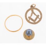 A 22ct hallmarked gold ring (scrap) gross weight 1.75 grams, a 9ct hallmarked masonic pendant,