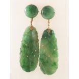 A pair of 14ct carved jadeite jade drop earrings,