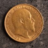 An Edward VII half sovereign, bare head bust, reverse with St. George and The Dragon and dated 1908