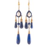 A pair of Lapis Lazulai and cultured pearl chandelier drop earrings,