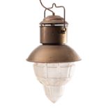 A brass and moulded opaque glass ceiling lantern, in Arts & Crafts taste,
