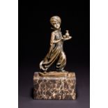FERDINAND PREISS, YOUNG ARAB WITH HIS DRINKS, ART DECO BRONZE SCULPTURE ON PORTORO MARBLE BASE