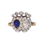 LATE VICTORIAN DOUBLE HEART SAPPHIRE & DIAMOND RING.