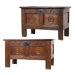 A RARE NEAR-PAIR OF CHARLES I/COMMONWEALTH OAK COFFERS, MONTOGOMERYSHIRE,WELSH MARCHES,CIRCA 1620-40