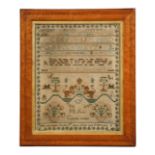A 19TH CENTURY NEEDLEWORK SAMPLER, M ANN 8 YEARS OLD.