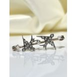 Antique diamond and pearls birds safety pin / bar brooch in gold housed in original antique box