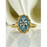 Antique Victorian Turquoise and Rose Cut Diamond Cluster Dome Ring in 15ct Gold