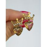 Sweet 9ct gold crowned citrine and pearl heart earrings in box