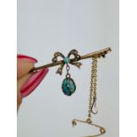 antique 9ct yellow gold pearl and turquoise bow with hanging turquoise safety pin brooch
