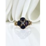 Antique 15ct Yellow Gold Amethyst and Pearl Flower Cluster Ring