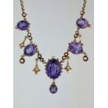ANTIQUE 14CT YELLOW GOLD AMETHYST AND PEARL FRINGE NECKLACE