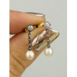 Antique Boxed Diamond and Pearl Drop Earrings in 9ct Gold