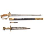 AN AUSTRIAN HUNTING SWORD AND SCABBARD AND A DAGGER.
