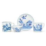 A Bow teabowl, saucer and coffee can and small mug, circa 1750-58