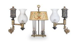 A PAIR OF GEORGE IV PATINATED BRONZE AND BRASS Wall MOUNTED OIL LAMPS By Thomas Messenger, circa...