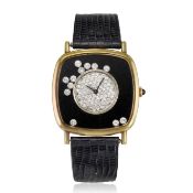 Chopard. An 18K gold diamond set manual wind wristwatch with onyx dial and twelve floating diamo...