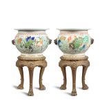 A pair of Samson Famille Verte porcelain jardinieres or fishbowls on giltwood stands Probably e...