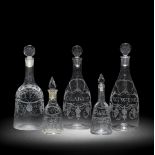 Five engraved decanters and stoppers, circa 1760-70