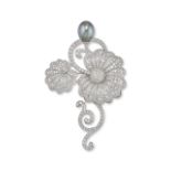CULTURED PEARL AND DIAMOND BROOCH