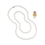 GEM-SET, MABÉ CULTURED PEARL AND DIAMOND BROOCH, AND TWO CULTURED PEARL NECKLACES (3)