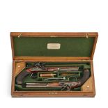 A cased pair of 28-bore flintlock duelling pistols by Utting 265 Borough, London