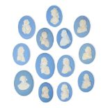 Thirteen Wedgwood Solid Light Blue Jasper Oval Portrait Plaques, England, late 18th to early 20t...