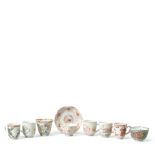 TWO FAMILLE VERTE TEA BOWLS, ONE GILT AND IRON RED TEABOWL AND SAUCER AND FIVE PORCELAIN COFFEE ...