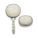 A CARVED JADE AND SILVER HAND MIRROR AND VANITY BOX The jade of late Qing, the silver-plated, mi...