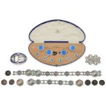 A silver and enamel six button, hatpin and cloak clasp set Birmingham, 1910, retailed by Edwards...