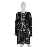 CHANEL: BLACK AND WHITE LACE CAMELLIA SKIRT SUIT ENSEMBLE Spring 2004