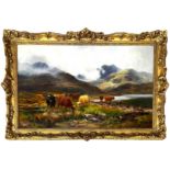 LOUIS BOSWORTH HURT, British (1856-1929), Highland Cattle by a Loch side, Mist covered hills beyond,