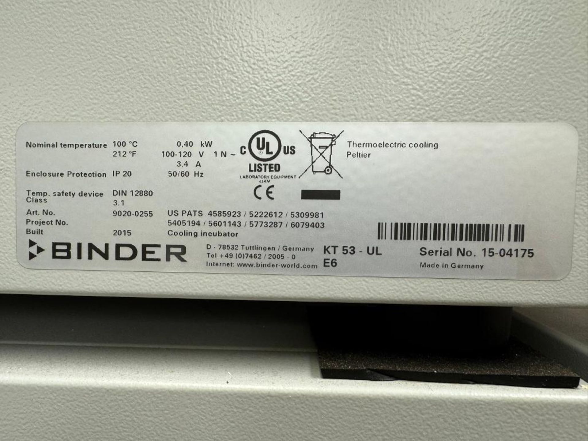 Binder Cooling Incubator, Model KT53-UL, Serial# 15-04175, Year 2015.