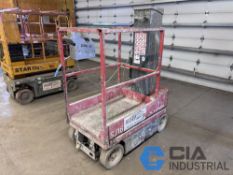 SKYJACK MODEL SJ16 ELECTRIC SCISSOR LIFT; S/N 14002335, 40" LONG X 26" WIDE DECK, 500 LB. LOAD