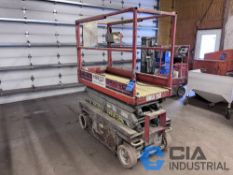 SKYJACK MODEL SJ111-3219 ELECTRIC SCISSOR LIFT; S/N 233618, 64" LONG X 26" WIDE DECK WITH 37" DECK