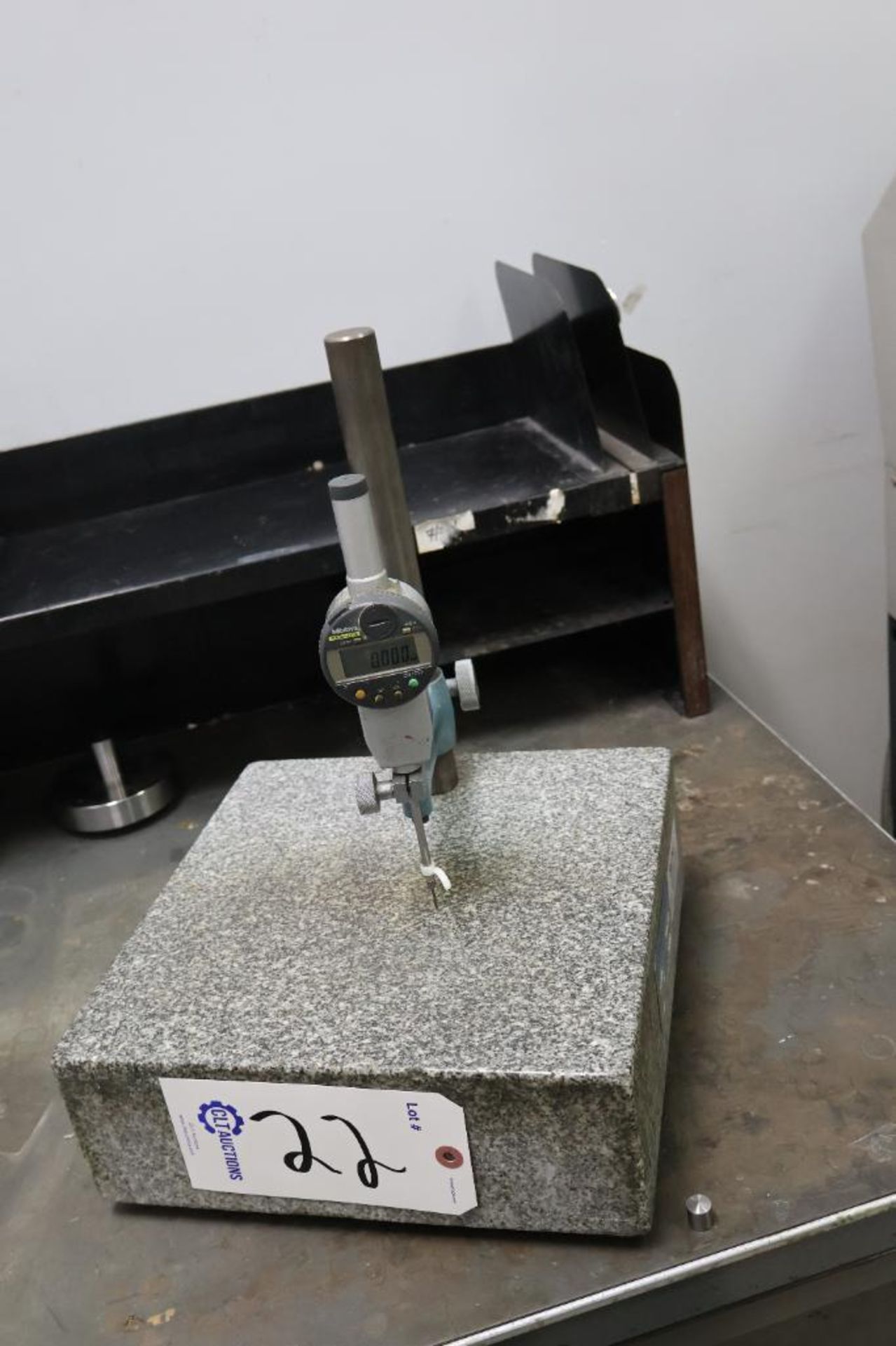 Indicator Base Square Block Granite indicator base w/ digital indicator + tooling