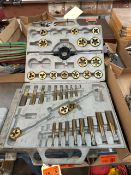 Tap and Die Set, includes taps, dies, die stock, tap wrench, and carrying case, high-speed steel wit