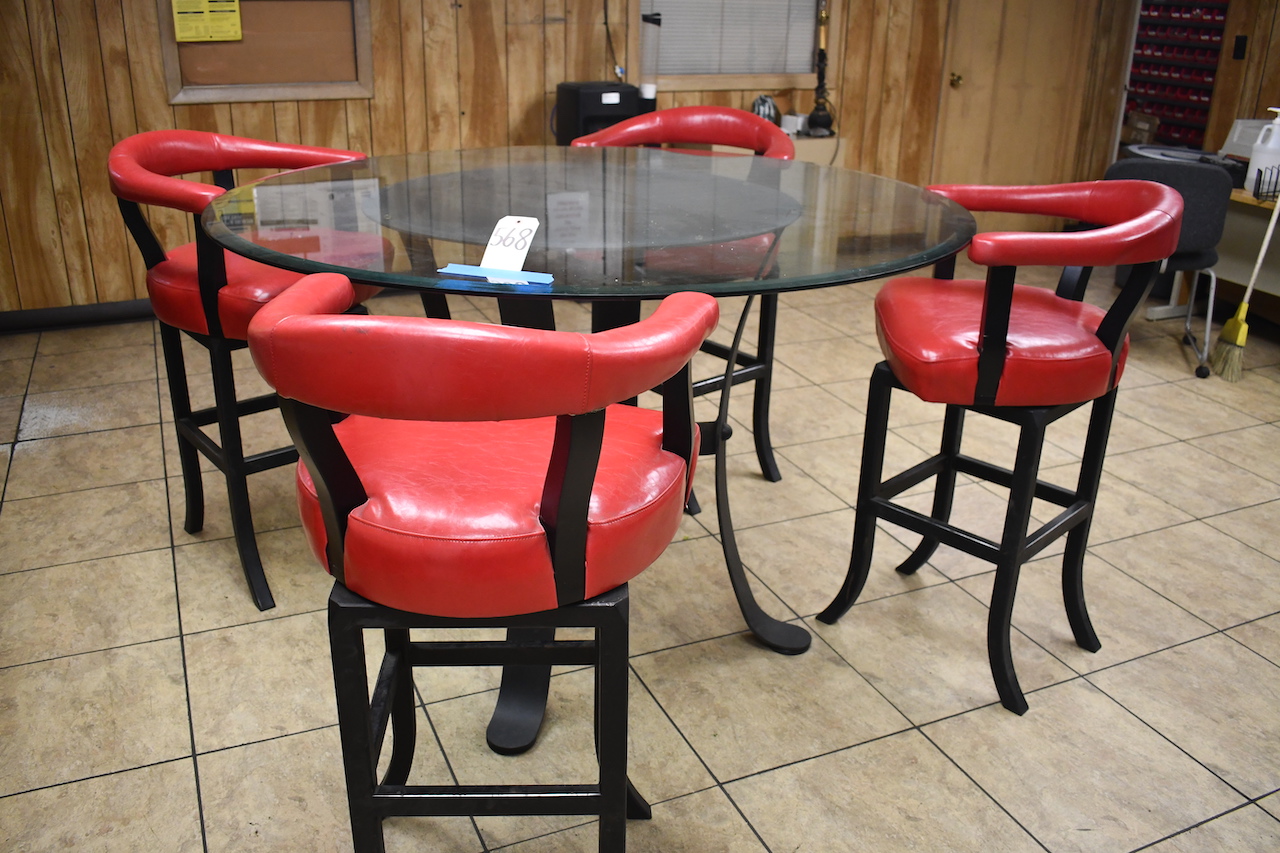 IN. ROUND GLASS HIGH TOP TABLE WITH 4 RED STOOLS