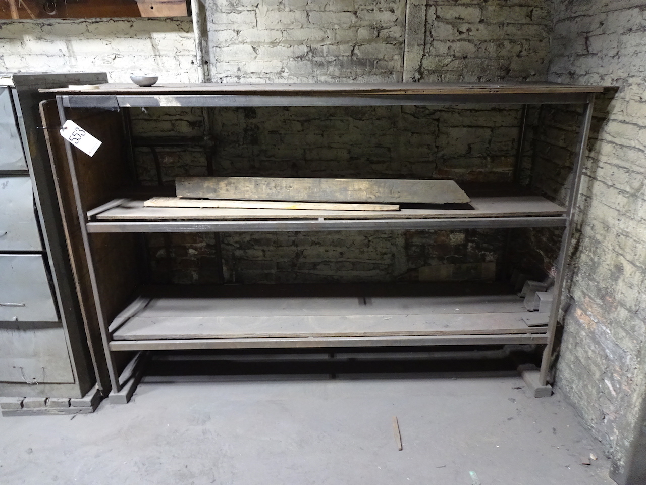LOT SHELVES & PORTABLE SHOP TABLE (NO CONTENTS)