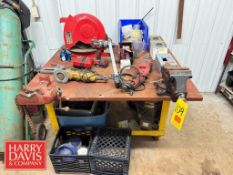 Portable Heavy Duty Work Bench with Contents, Including: Milwaukee Chop Saw, Milwaukee Drill and