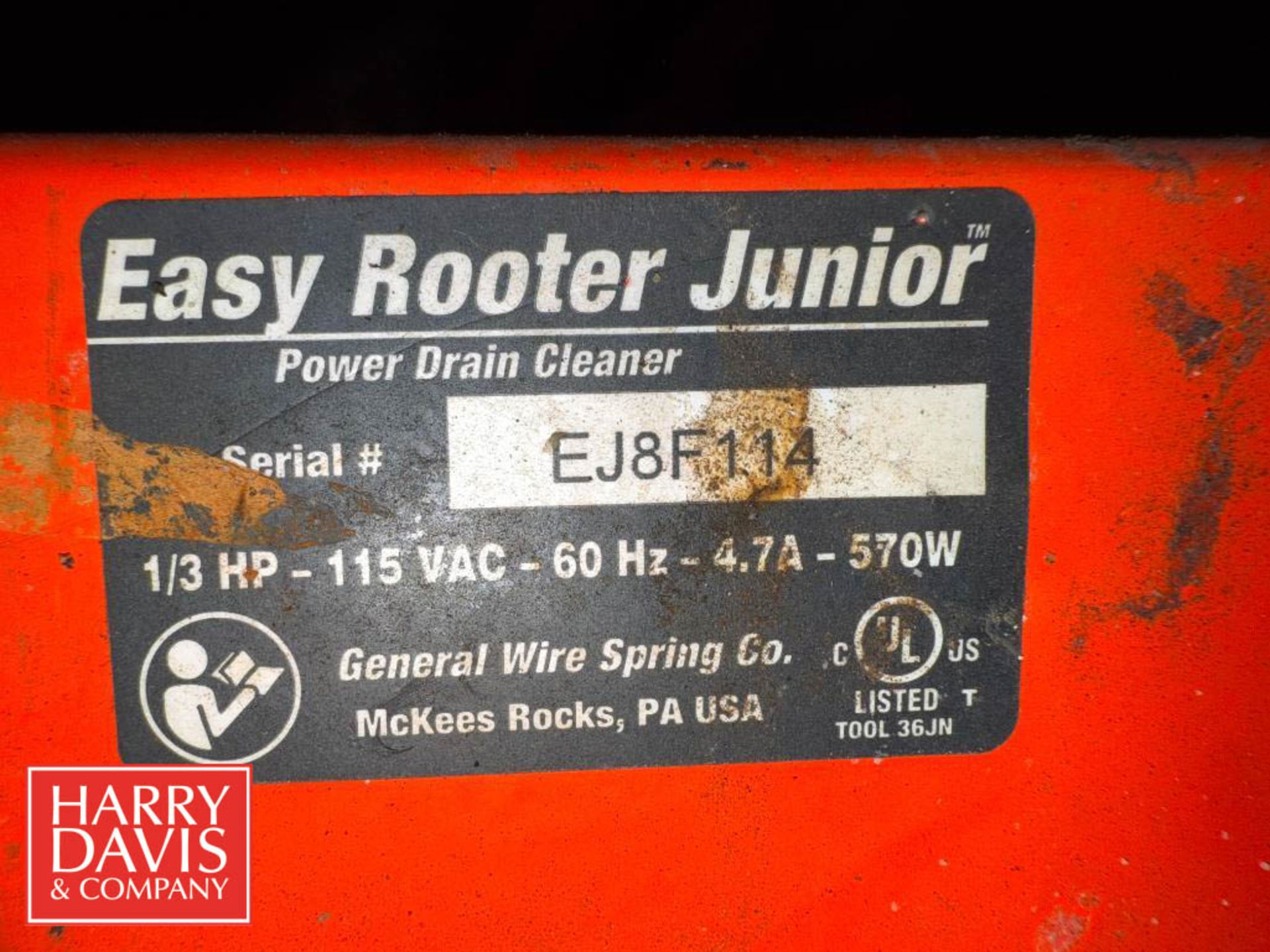 Power Rooter General Pipe Cleaners Easy Rooter JR. Power Drain Cleaner, S/N: EJ8F114