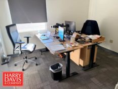 (4) Wood-Top Electric Standable L-Shaped Desks, (4) Office Chairs, (4) File Cabinets and (2) Chairs