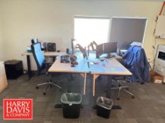 (4) Wood-Top Electric Standable L-Shaped Desks, (4) Office Chairs, (4) Cabinets, (2) File Cabinets