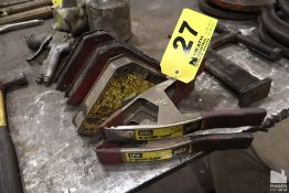 (3) ASSORTED WELDING MAGNETS AND TWO 3" SPRING CLAMPS