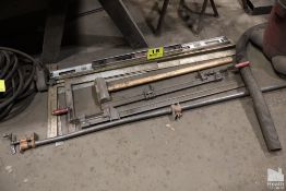 LOT OF LEVELS, SQUARES, SLEDGEHAMMER AND BAR CLAMPS