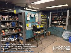 (Lot) workshop area with benches, cabinets, tools, parts, fittings, etc. as photograped