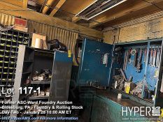 Lot: Industrial Workshop Storage Unit with Tools, Metal Shelving, Workbench Area