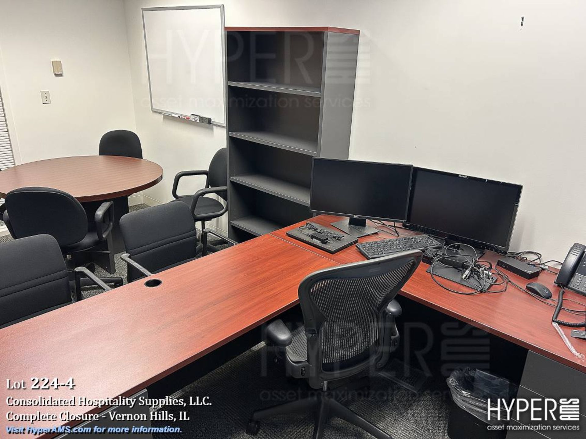 Contents in office. Including desk, chairs, side table, book case, and ...