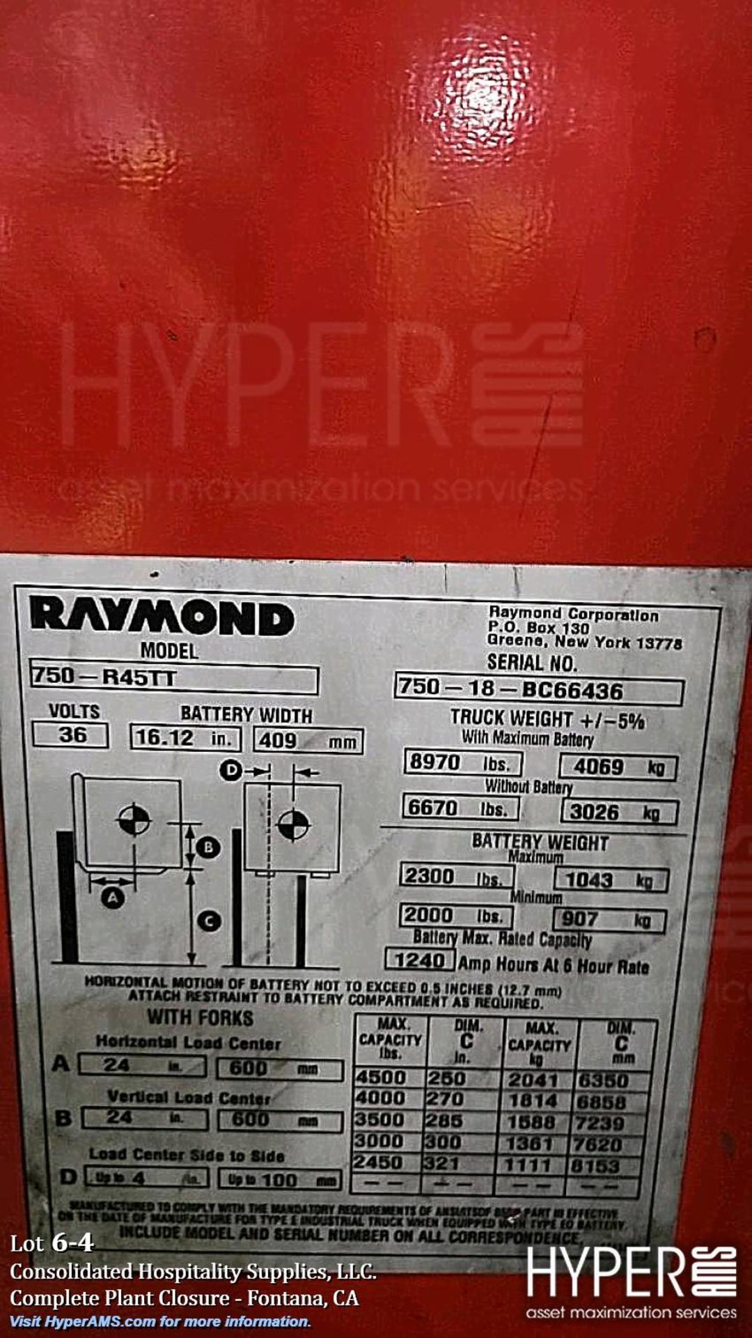 Raymond 750-R45TT Reach Truck Forklift, 4500 lbs load capacity, 11,502 ...